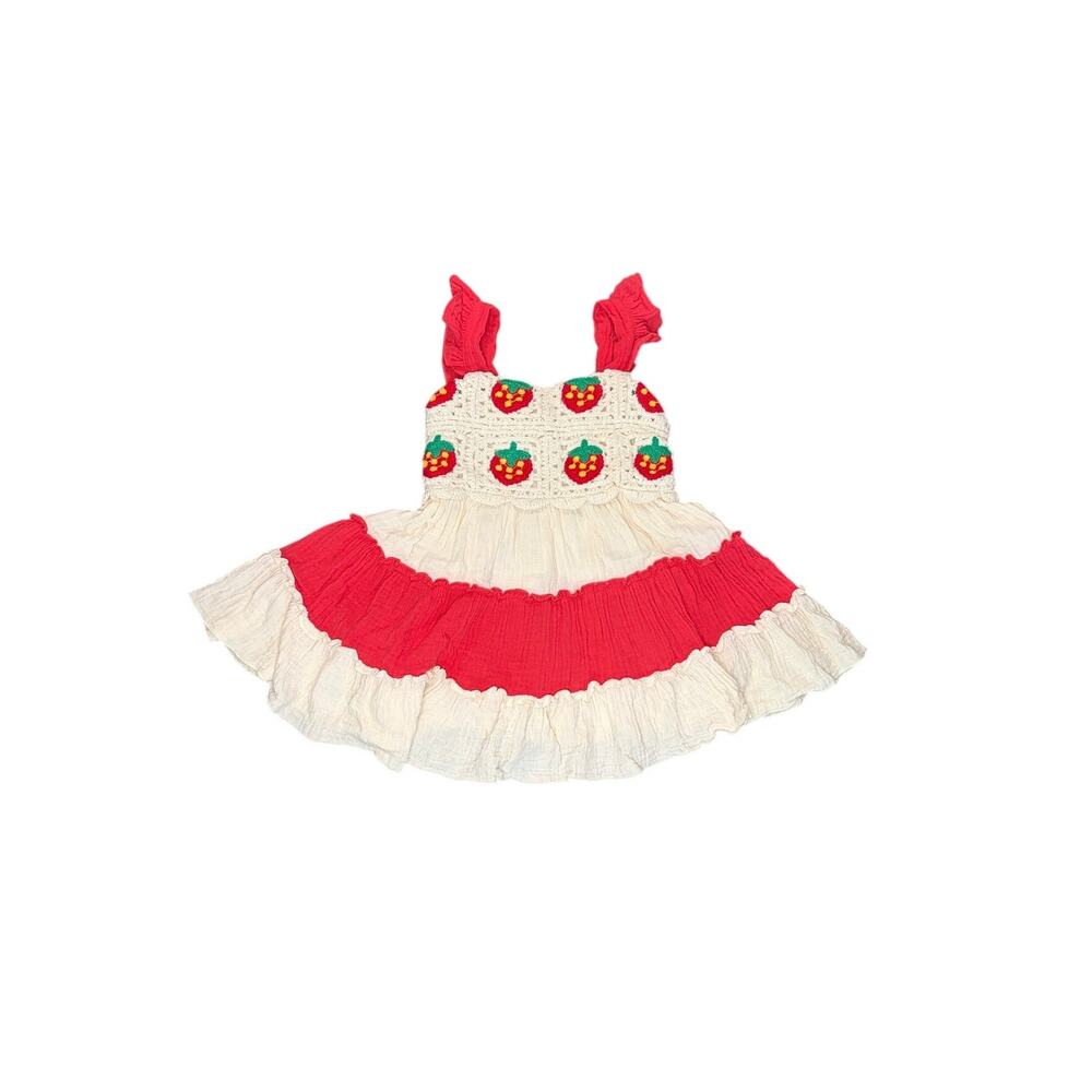 Rare Editions Toddler Girl Strawberry Crochet Dress Red White Ruffle Size 3T